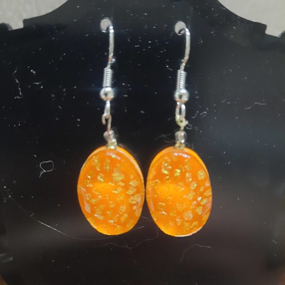 Orange Goldspecks Dangling Acrylic Handmade Earrings with fish hooks - Picture 1 of 5